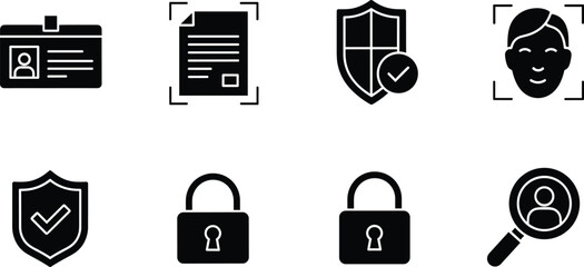 Black and white security and identification security identification black and white security identification black and white, shield, lock, check mark, id card, document, face recognition, magnifying g