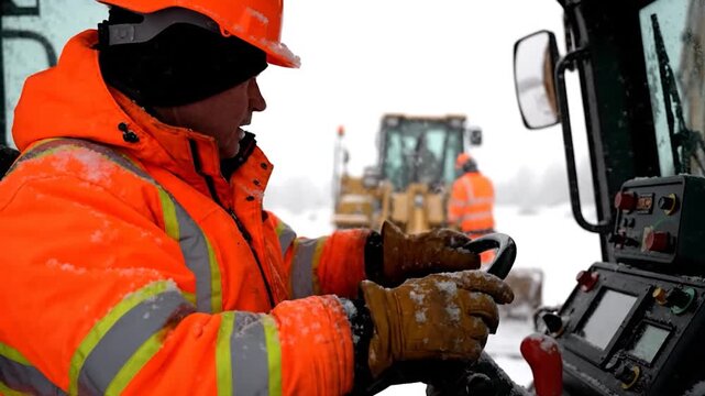 A worker in bright orange gear operates heavy machinery in a snowy environment
