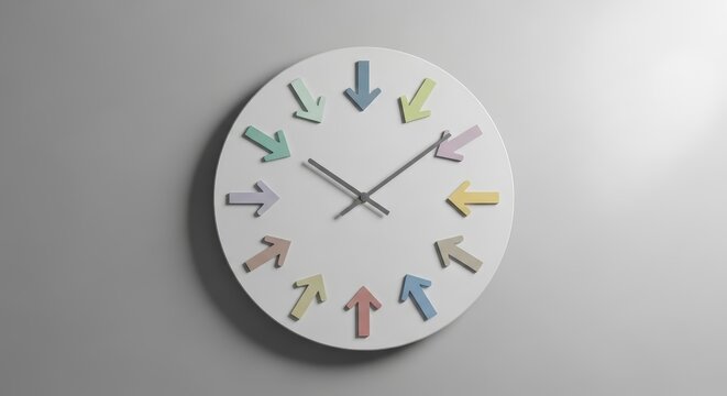 Unique clock with colorful arrows on wall.