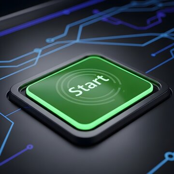 Green START Button on Circuit Board Background - Technology Interface Element