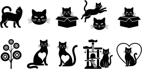 Black cat silhouette collection, cute kitten in box, jumping cat, feline head icons, kitty with heart, pet accessory set, vector, black cat bundle, cat tree, cat lover design, animal graphics. © Shopna