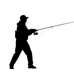 Naklejka premium Silhouette of a fisherman casting a fishing rod in the outdoors.