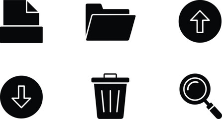 Black and white computer for file management computer file management  computer file management, black and white, folder, upload, download, trash can, magnifying glass, file, document, symbols, comput