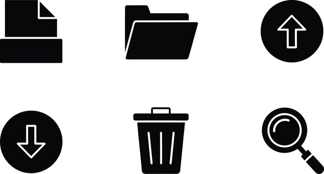 Black and white computer for file management computer file management  computer file management, black and white, folder, upload, download, trash can, magnifying glass, file, document, symbols, comput