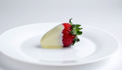 Single Fresh Strawberry Half Dipped in White Chocolate on a White Plate