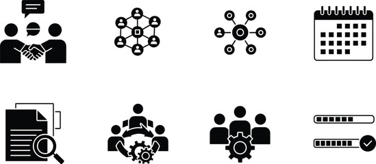 Black and white business communication teamwork people business, communication, teamwork, black and white, people, handshake, network, calendar, documents, gears, progress bar, checklist, collaboratio
