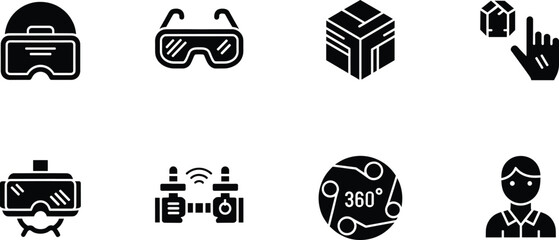 Black and white virtual reality on white background virtual reality, black and white, vr headset, 360 degrees, cube, hand, goggles, people, technology, digital, symbols, white background, black, white