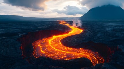 Incandescent molten rock flows through a dark volcanic landscape under a dramatic sky.