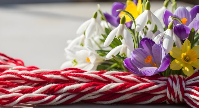 Red and white martenitsa threads placed with fresh spring flowers representing Baba Marta tradition and seasonal renewal.