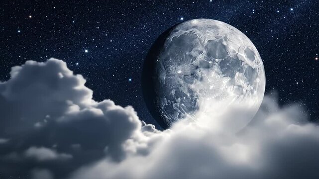 Moon in starry sky with clouds
