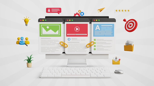 SEO Link Building Concept. Content Backlink Strategy, Website Connections, Organic Growth with SEO, Top Ranking Strategy, Search Results, Boost Site Navigation. 3D Computer with Linked Web Pages