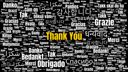 Multilingual Thank You Word Cloud Illustration in Various Languages. Creative Black Backdrop Worldwide Gratitude Word Cloud Illustration Graphic Asset.  © Robby