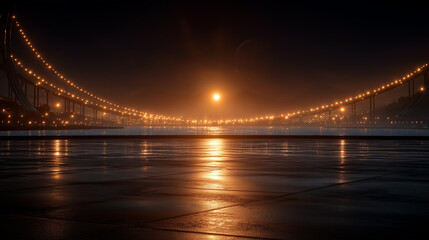 Fototapeta premium Golden Gate at Dusk: Capture the captivating scene of a suspension bridge illuminated against a dark, night sky, its lights reflecting upon the water.