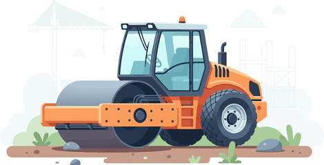 Illustration of an orange road roller working on a construction site