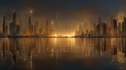 Obraz premium Golden Metropolis: Futuristic cityscape reflects in tranquil water, showcasing an impressive skyline with glowing structures under a dusky sky, inviting viewers into an evocative world.