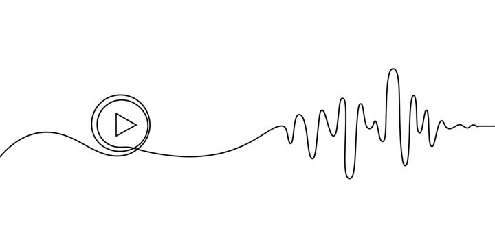 Minimalist continuous line drawing of a play button icon with an audio sound wave pattern