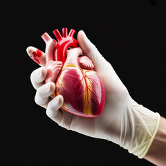Surgeon in a latex glove holding a realistic human heart model with blood stains.