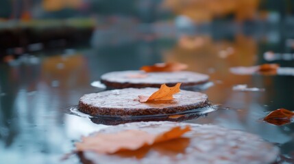Floating lily pads with autumn leaves