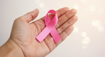 A hand holding a pink ribbon on a white background with bokeh lights