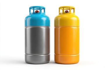 Obraz premium Upright gas cylinders: metallic and colored units on white backdrop
