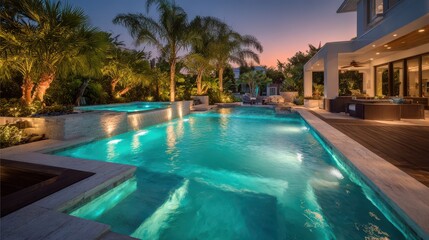 Fototapeta premium Upscale residential pool area featuring a private in-ground pool, tropical landscaping and tranquil reflections