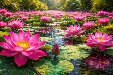 Vibrant Pink and Magenta Lotus Flowers on Water, Tropical Sunlit Background