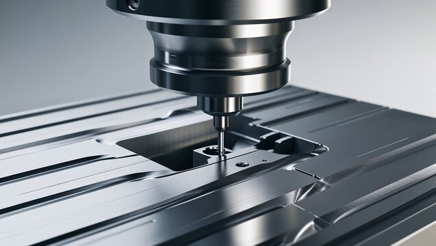 Precision milling tool creating machining marks on metal surface, CNC manufacturing and industrial engineering concept with copy space