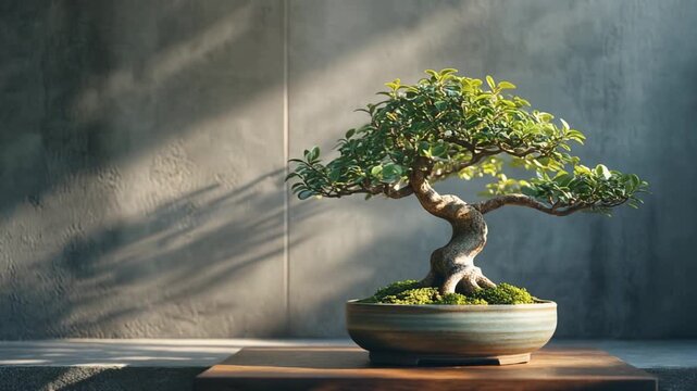 A peaceful zen garden scene with a bonsai tree in ceramic pot against textured concrete wall