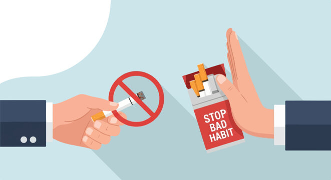Hands showing a cigarette in a no-smoking sign and a pack labeled "stop bad habit