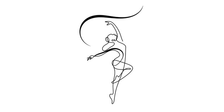 Minimalist line art illustration of a rhythmic gymnast performing with a flowing ribbon