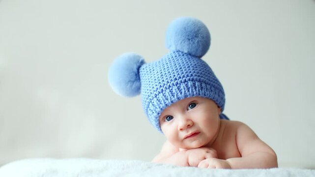 Sweet newborn baby in a blue hat with pompoms looks into the camera. Calm two-month-old infant is lying on a blanket. Beautiful, cute little child with blue eyes looks into camera. SLOW MOTION.