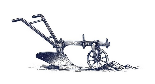 Antique horse-drawn wooden plow illustration in vintage engraving style, isolated on white background, symbol of traditional farming, soil cultivation, and agricultural history.
