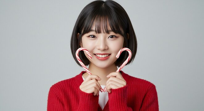 A young Asian woman with dark hair and red lipstick smiles while holding heart-shaped candy canes.