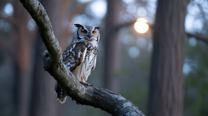 Owl perched on a branch in the forest at dusk.
