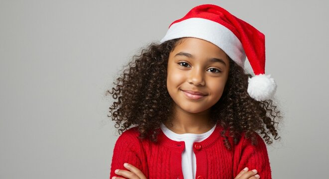 A young girl wearing a Santa hat and a red sweater smiles at the camera with her arms crossed.