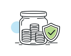 A stylized illustration representing financial security and protected investments, featuring coins within a jar beside a shield emblem