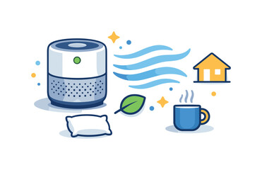 An air purifier emits clean air waves towards a house, symbolizing a fresh and healthy living space with a pillow and a steaming cup of coffee nearby