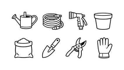 A set of simple line art icons representing a watering can, hose, spray nozzle, pot, bag of soil, trowel, pruners, and gloves for garden work