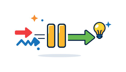 This illustration depicts a process where inputs are transformed through a pause stage to yield a final idea, symbolized by a lightbulb