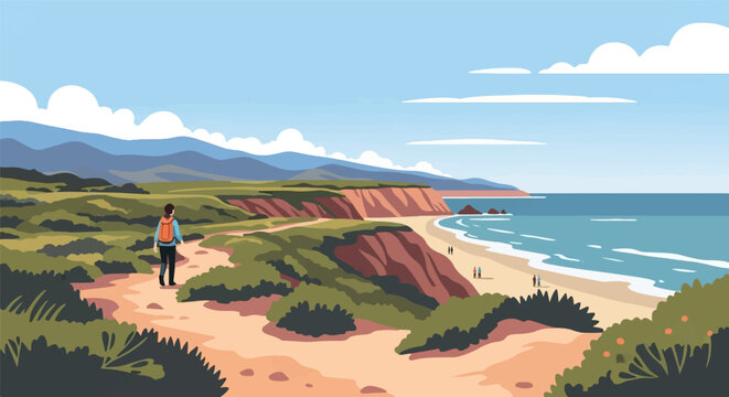 Hiker on a coastal path overlooking a serene beach and ocean