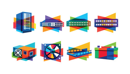 A vibrant collection of stylized icons representing server racks, network switches, power supply units, computer fans, and batteries