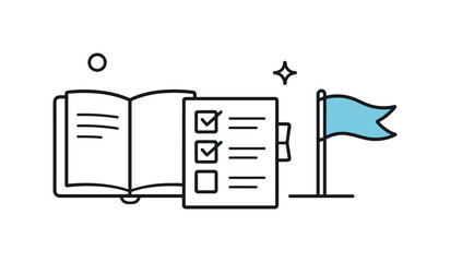 An open book lies next to a checklist with completed tasks and a flag indicating success, representing educational milestones and project completion