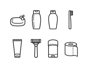 This graphic features a clean, minimalist set of icons for toiletries including soap, shampoo bottles, toothbrush, toothpaste, razor, deodorant, and toilet paper