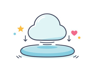 A whimsical cartoon cloud descends towards a blue platform, symbolizing data transfer or cloud computing with playful accents