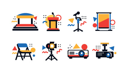 A vibrant set of stylized icons depicting stage, podium, microphone, chair, spotlight, and projectors for events and presentations