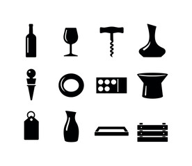 A graphic design featuring various wine-related items and bar essentials presented as simple black silhouettes against a clean white backdrop