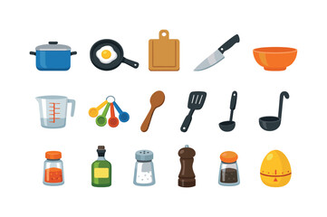 A vibrant assortment of essential kitchenware, including pots, pans, utensils, and spices, presented in a clean, organized layout for easy visual reference