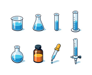 A set of various scientific tools including flasks, beakers, test tubes, a dropper, and a burette filled with blue liquid