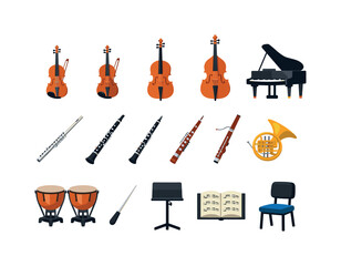 A diverse assortment of musical instruments including strings, woodwinds, brass, percussion, and essential accessories for musicians