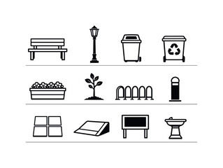 A set of simple black and white line art icons representing elements commonly found in public spaces like parks and streets